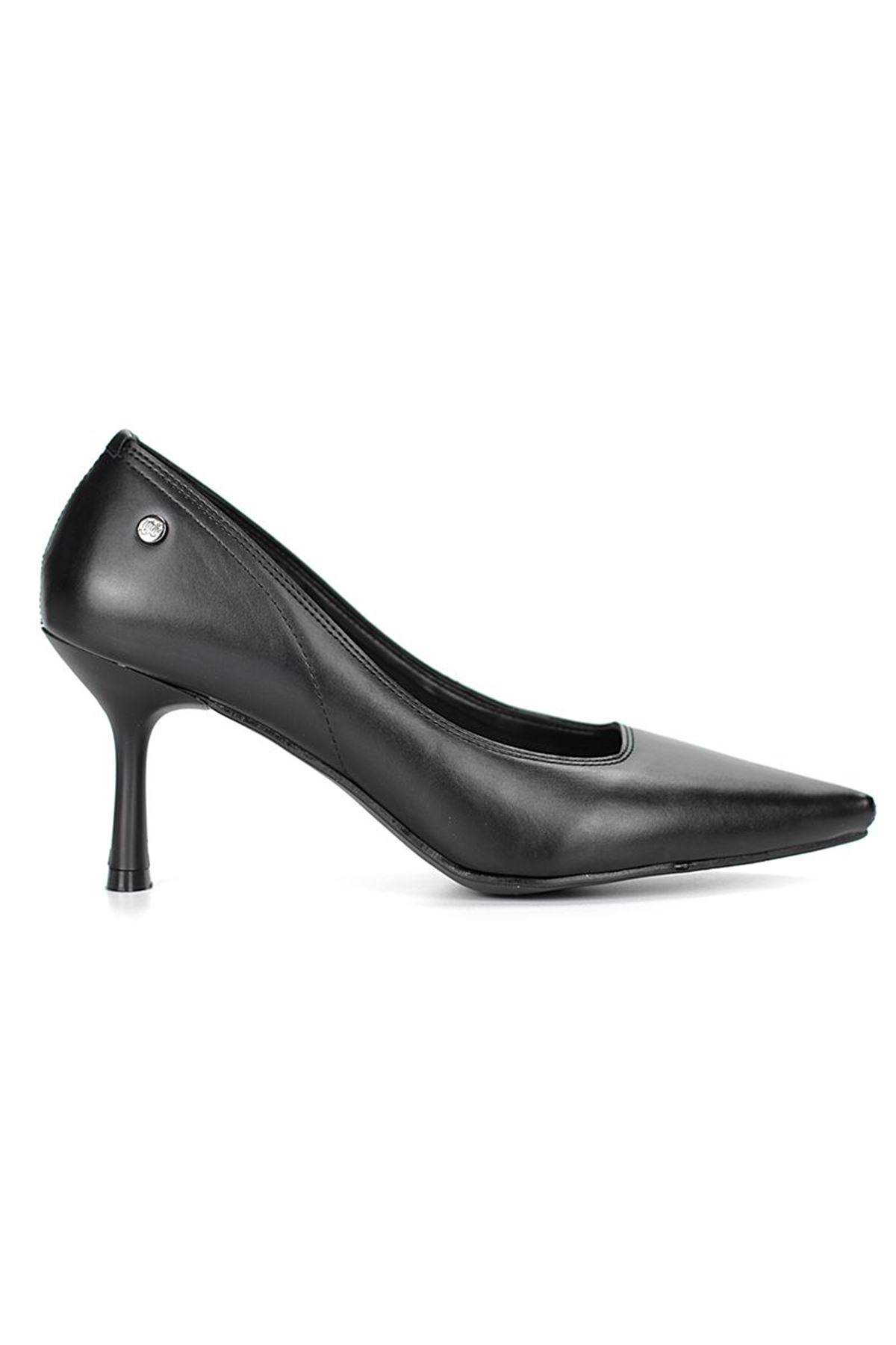 King Crow Ayça Esnek Yumuşak Kaymaz Taban (7 cm) Siyah Cilt Kadın Topuklu Ayakkabı