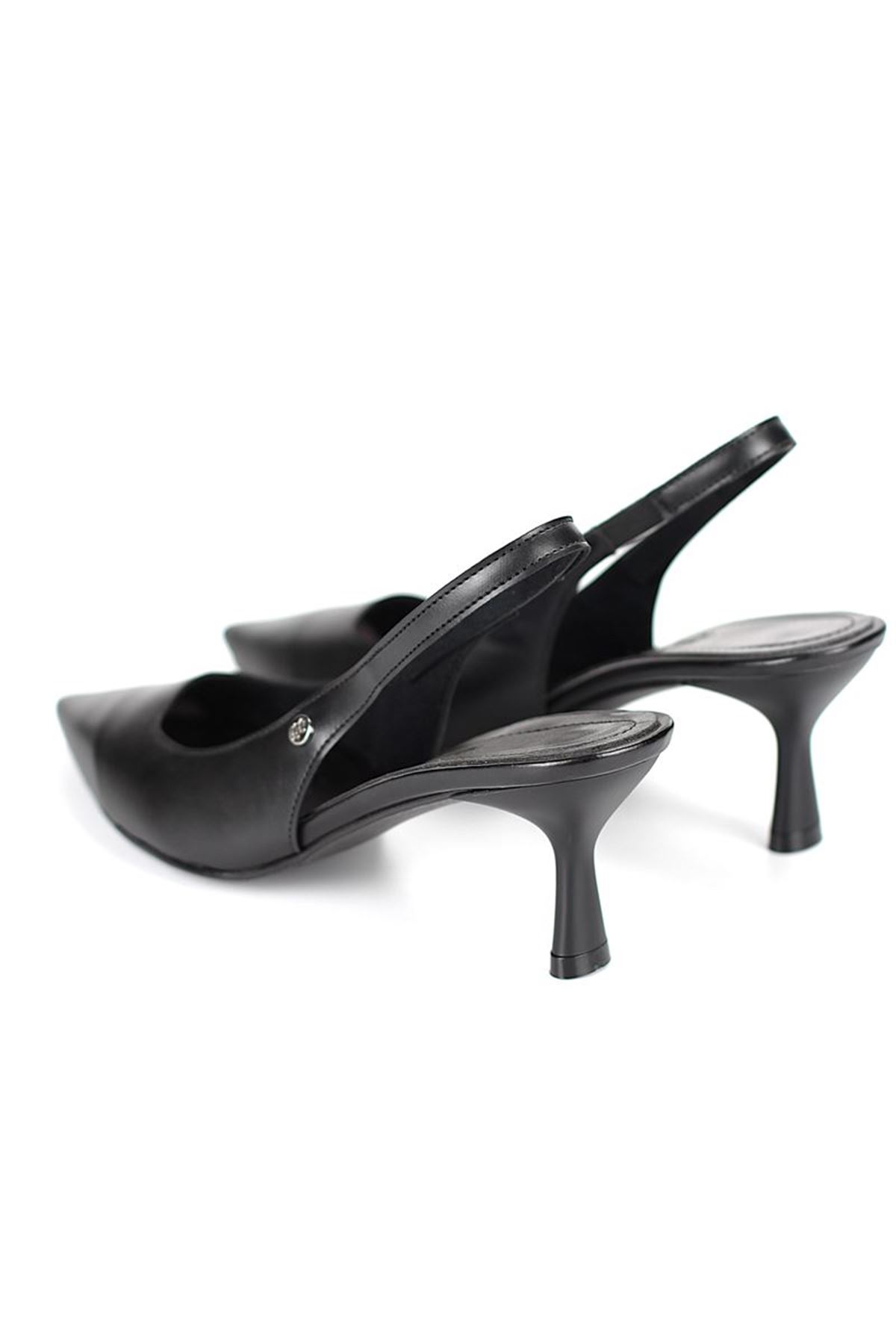 King Crow Magnolia Esnek Yumuşak Kaymaz Taban (4 cm)  Siyah Cilt  Açık Lastikli Kadın Topuklu Ayakkabı
