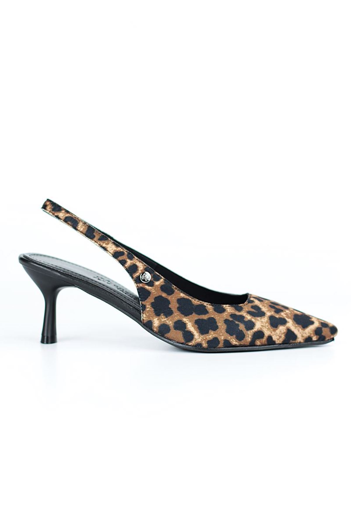 King Crow Magnolia Esnek Yumuşak Kaymaz Taban (4 cm) Leopar Açık Lastikli Kadın Topuklu Ayakkabı
