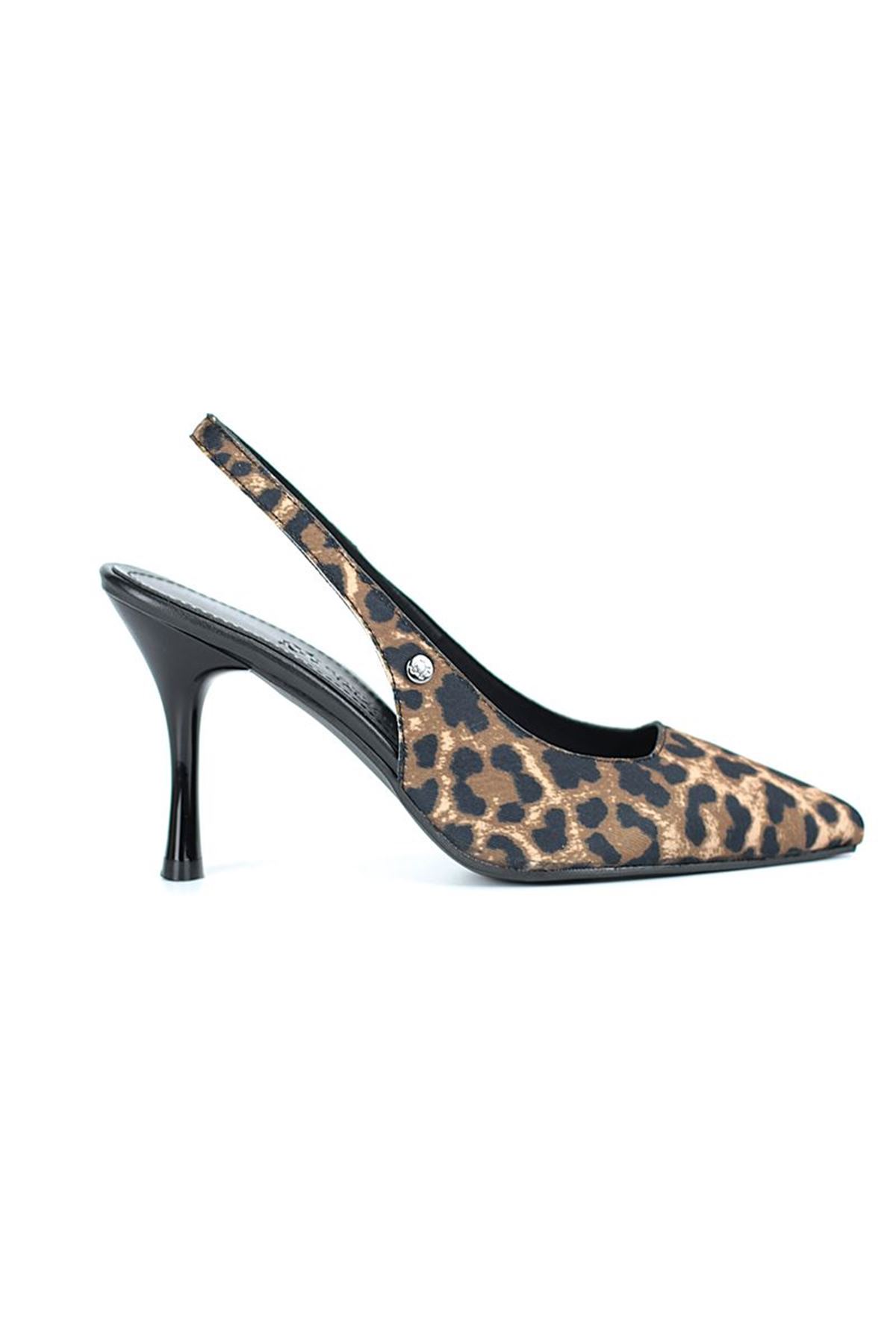 King Crow Lavender Esnek Yumuşak Kaymaz Taban (6-8 cm) Leopar Açık Lastikli Kadın Topuklu Ayakkabı
