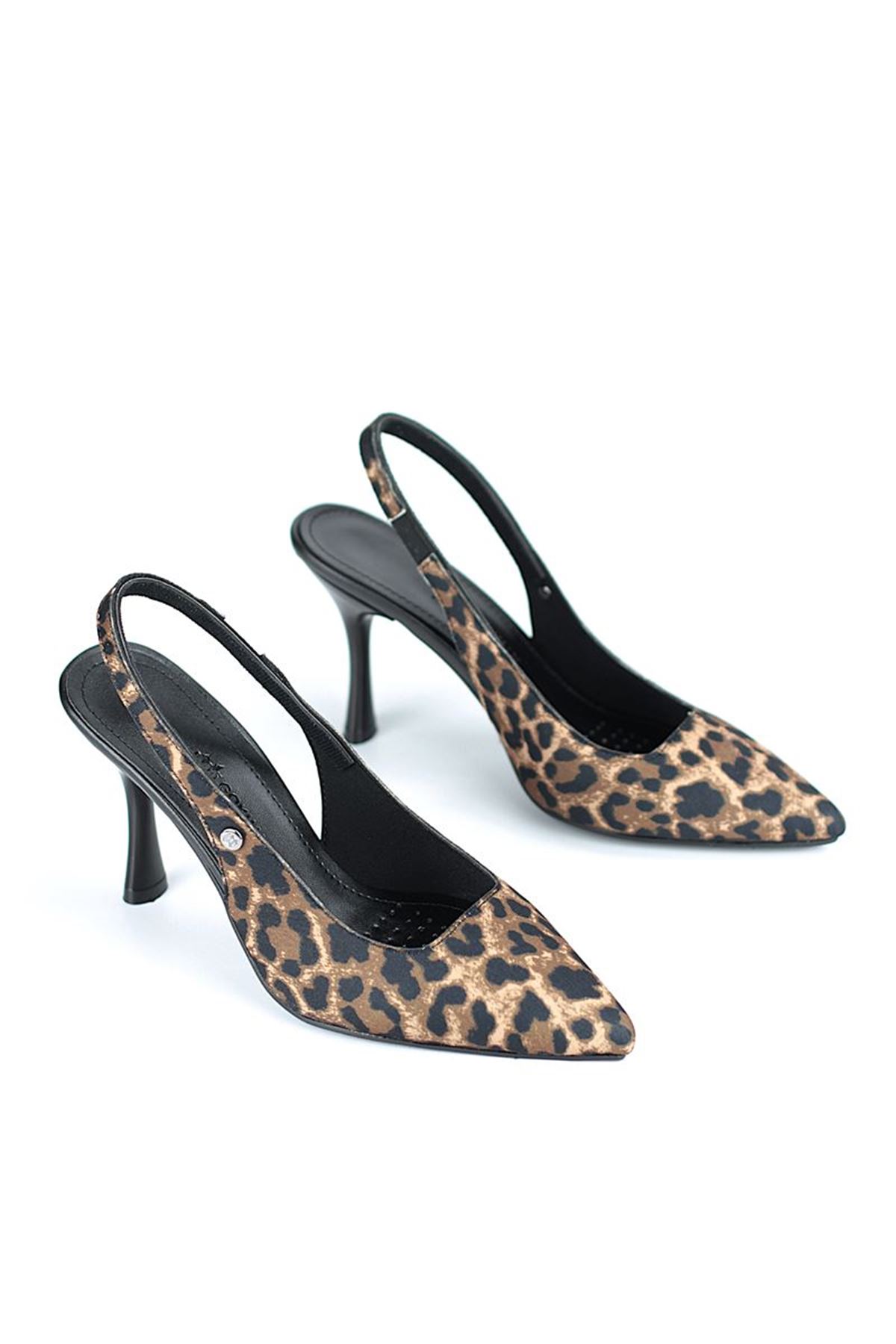 King Crow Lavender Esnek Yumuşak Kaymaz Taban (6-8 cm) Leopar Açık Lastikli Kadın Topuklu Ayakkabı