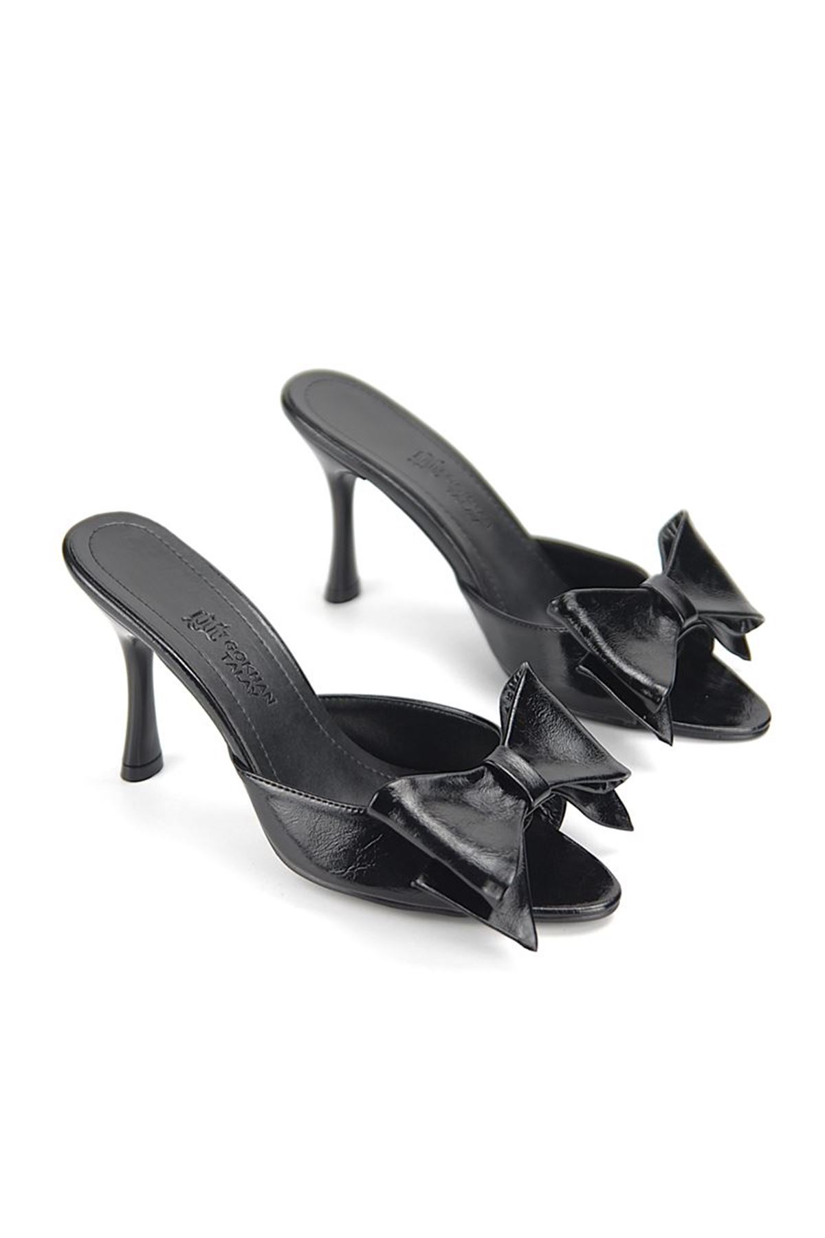 King Crow Ribbon Esnek Yumuşak Kaymaz Taban (8 cm) Siyah Rugan Fiyonk Detaylı Kadın Topuklu Terlik