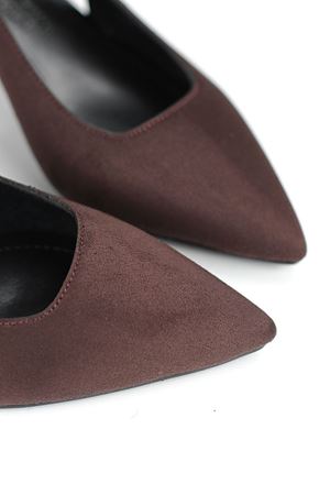 King Crow Vivienne Esnek Yumuşak Kaymaz Taban (7 cm) Koyu Kahve Süet Açık Lastikli Kadın Topuklu Ayakkabı