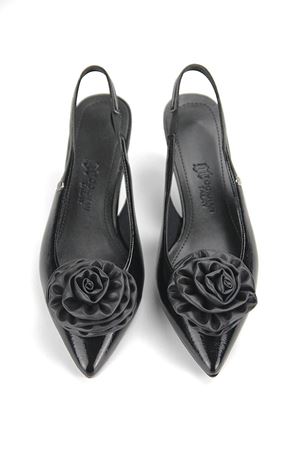King Crow Rose Fairy Esnek Yumuşak Kaymaz Taban (4 cm) Siyah Rugan El Yapımı Gül Detaylı Açık Lastikli Kadın Topuklu Ayakkabı