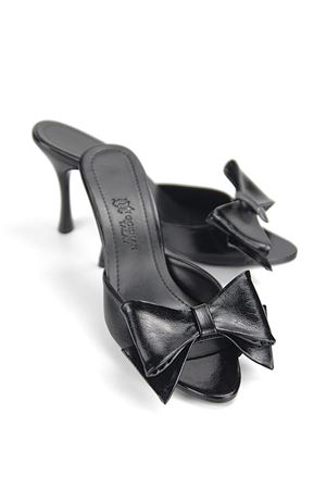 King Crow Ribbon Esnek Yumuşak Kaymaz Taban (8 cm) Siyah Rugan Fiyonk Detaylı Kadın Topuklu Terlik