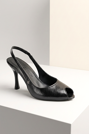 King Crow Nivra Peep Toe Fındık Burun (8 cm) Siyah Rugan Kadın Topuklu Ayakkabı