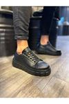 JY144 Volt Bağcıklı Cilt Erkek Günlük Sneaker Yüksek Taban Ayakkabı CST Siyah