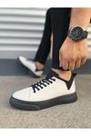 JY204 Flex Bağcıklı Keten Kumaş Erkek Günlük Sneaker Ayakkabı KST - Beyaz/Siyah